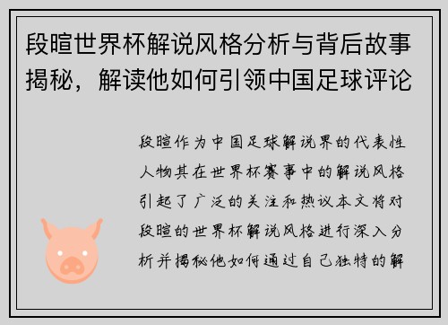 段暄世界杯解说风格分析与背后故事揭秘，解读他如何引领中国足球评论潮流